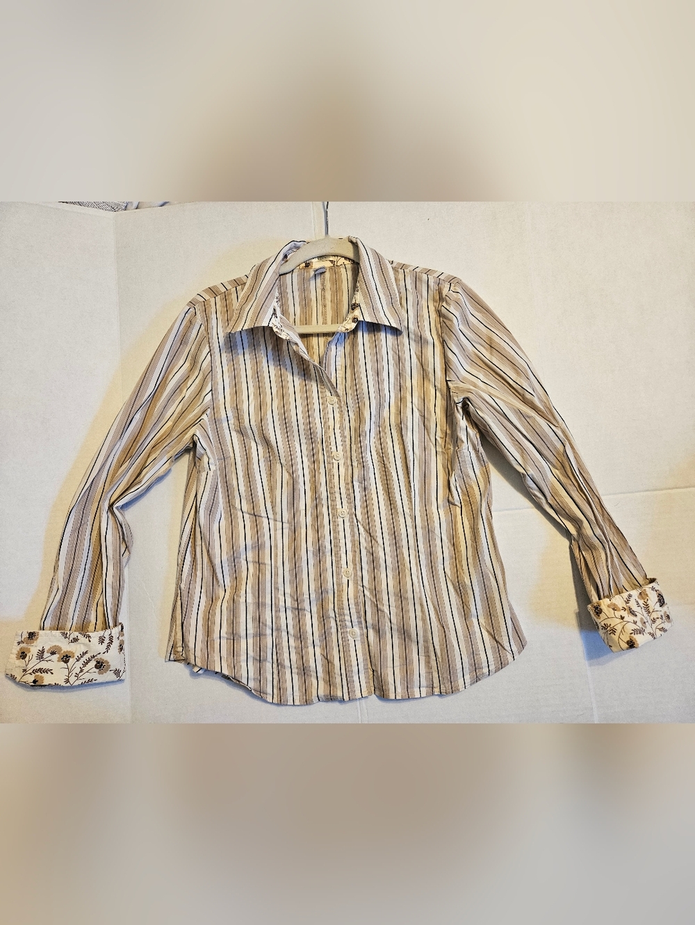 Old Navy Women's Beige, White & Black Striped Button-Down Shirt